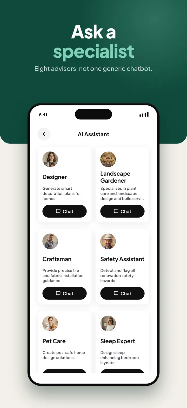 The AI Assistant screen with eight specialist advisors