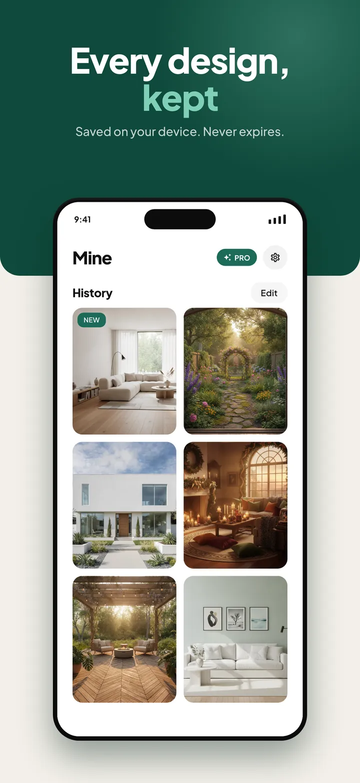 The Mine tab with a history of saved designs